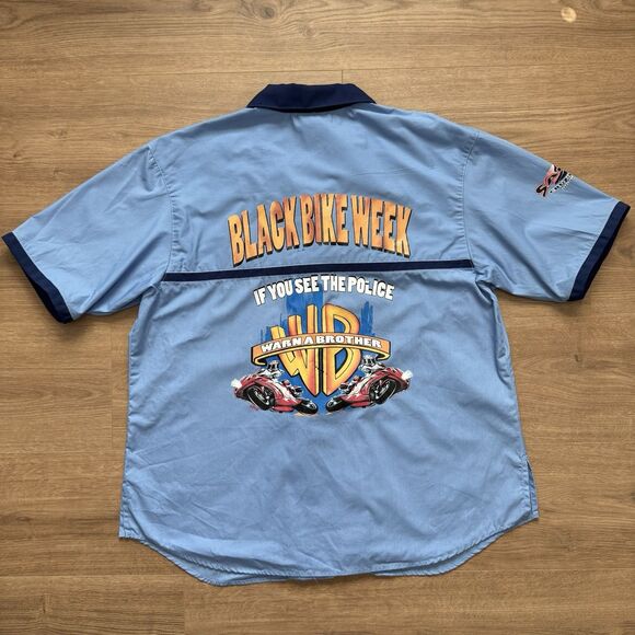 Black Bike Week Daytona Beach 75th Anni Warn A Brother Button-Up Shirt XL Blue - Picture 10 of 10